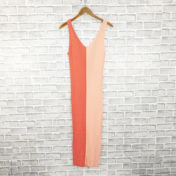 STAUD Dana Ribbed ColorBlock Mide Dress in Orange Peach Size Large - Picture 7 of 10